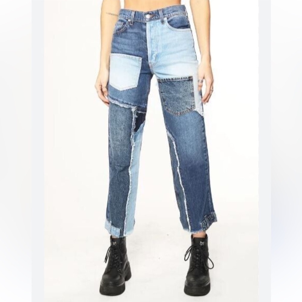 REVICE Matchmaker Love at
First Sight Blue Jeans Patchwork Crop Button Fly EUC - Picture 11 of 14